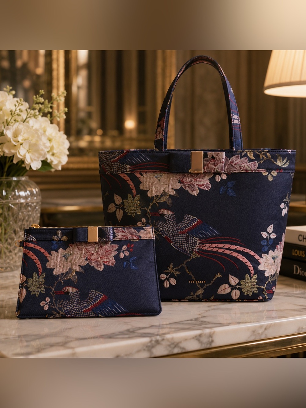 NET Ted Baker Navy Floral & Bird Jacquard Tote with Matching Pouch 🦚